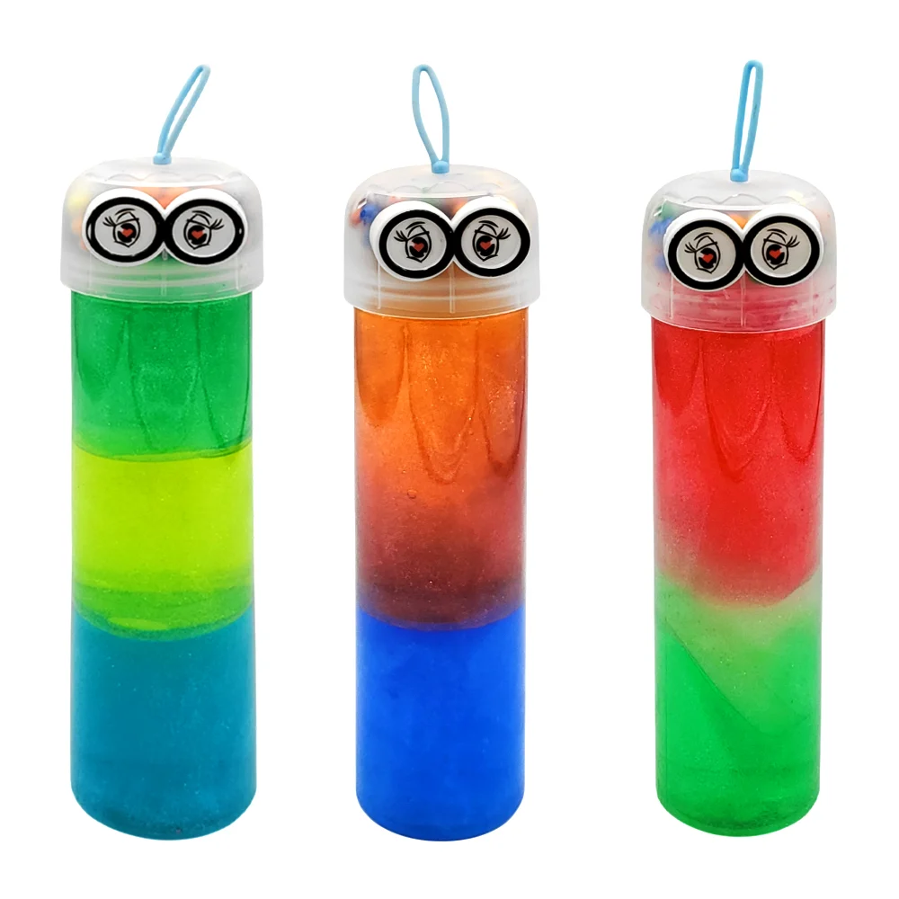 Bote cilíndrico con slime brilloso tricolor + tapa con bolitas y ojos…