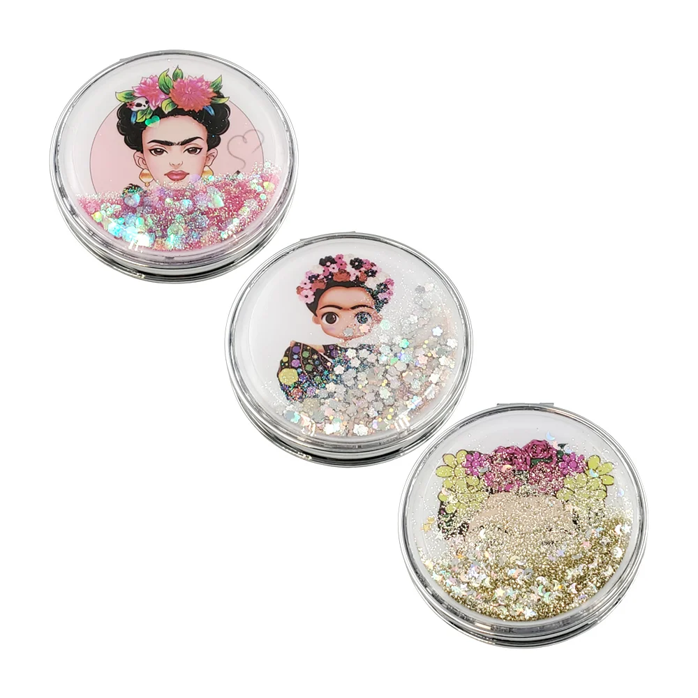 Espejo doble de bolsillo con figuras encapsuladas y estampado de frid…