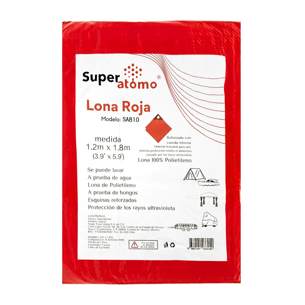 Lona de polietileno en color roja reforzada con cuerda interna, 1.2x1…
