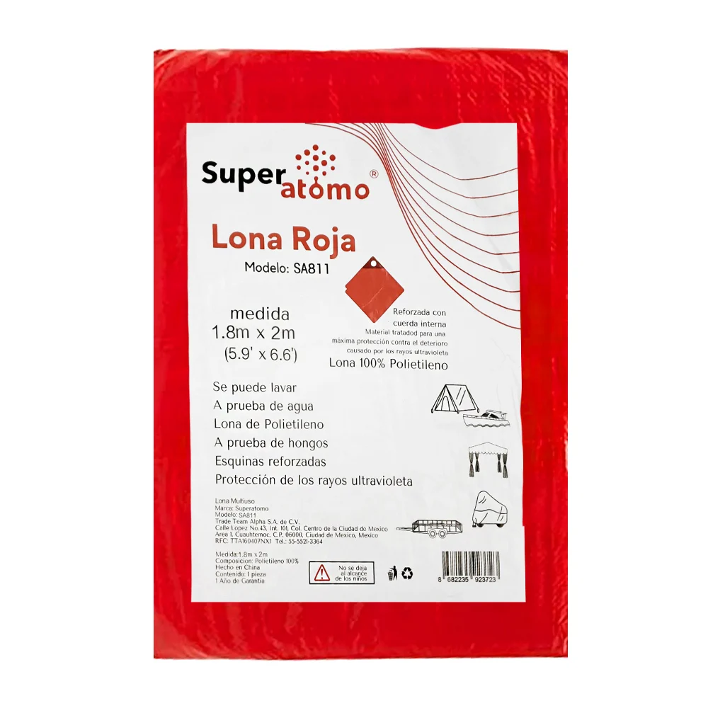 Lona de polietileno en color roja reforzada con cuerda interna, 1.8x2…