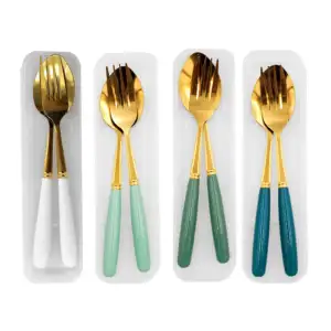 Estuche transparente con 2 cubiertos dorados, cuchara y tenedor con m…