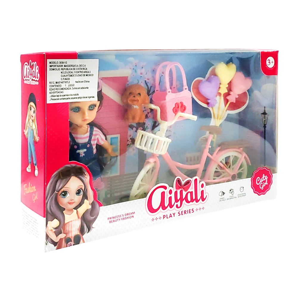Muñeca aiyali con bicicleta, mascota, bolsa y globos / cute girl / pl…
