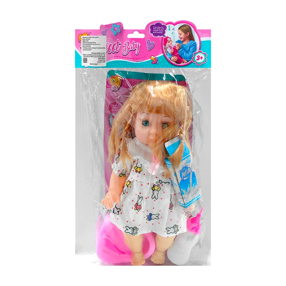 Muñeca bebé sweet baby con vestido, bacinica, biberón y leche, varios…