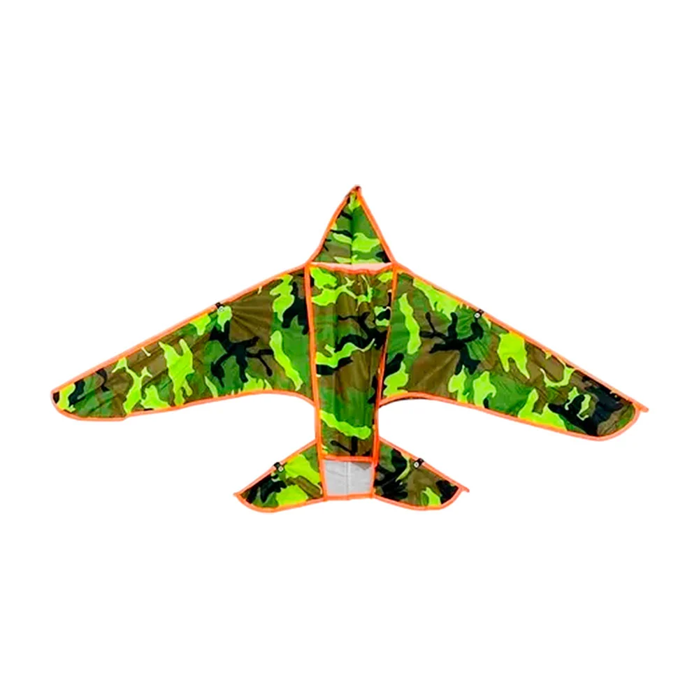 Papalote en forma de avión, bordes color neón, estampado de camuflaje…