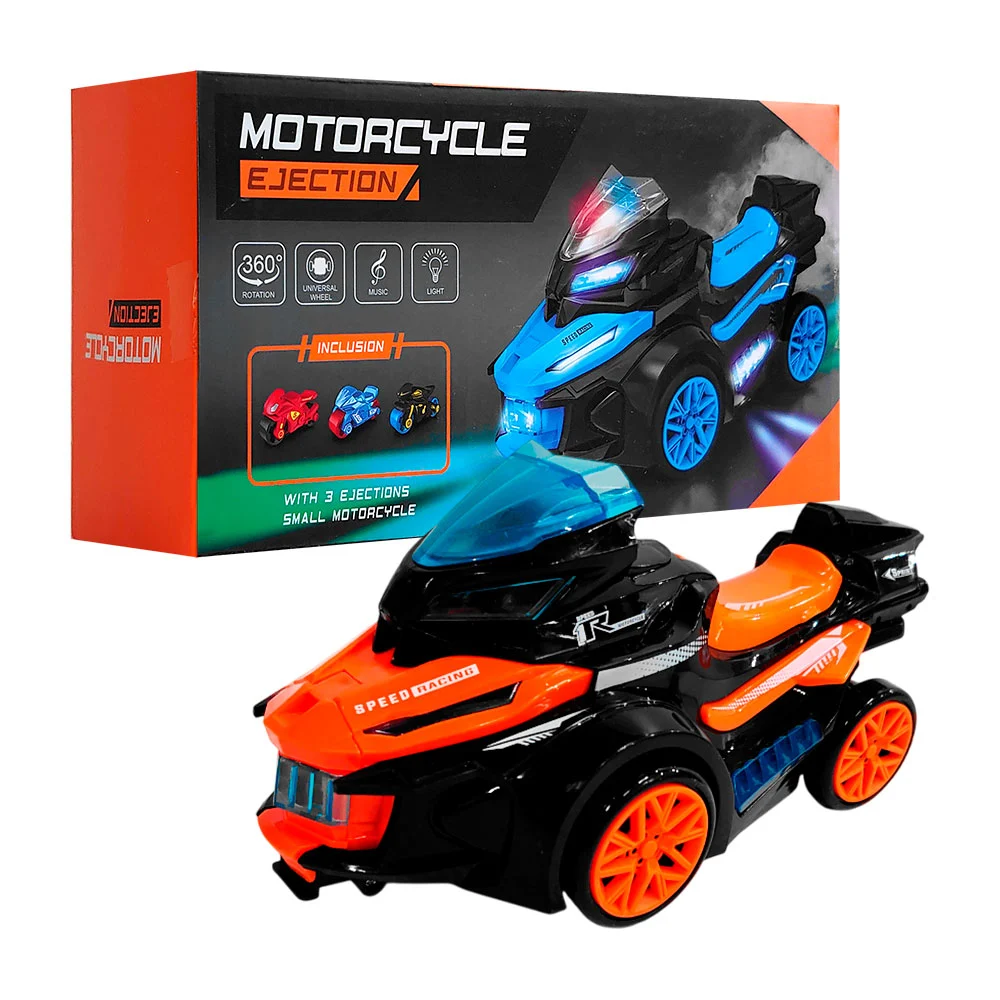 Motocicleta móvil con luces, música y lanzador de 3 mini motos, vario…