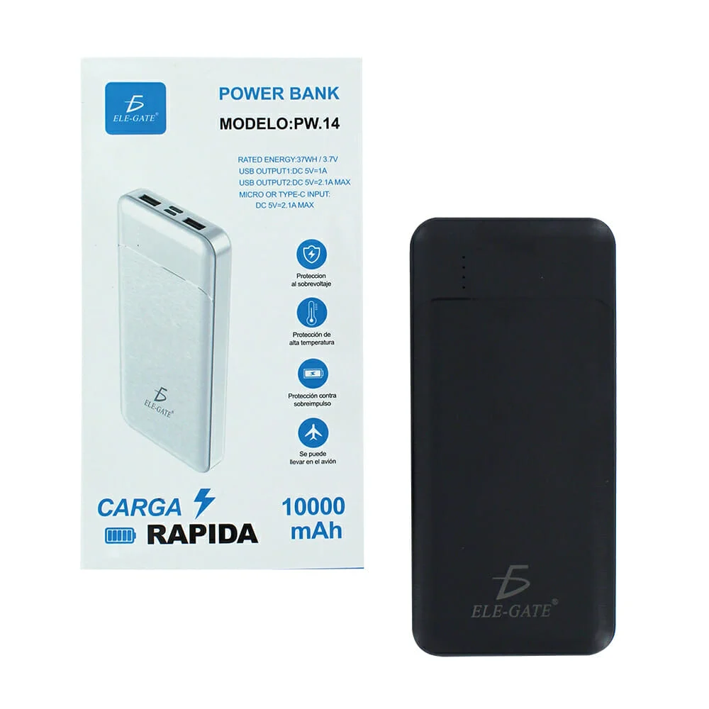 Power bank 10000mah + 2 puertos usb + linterna pw.14