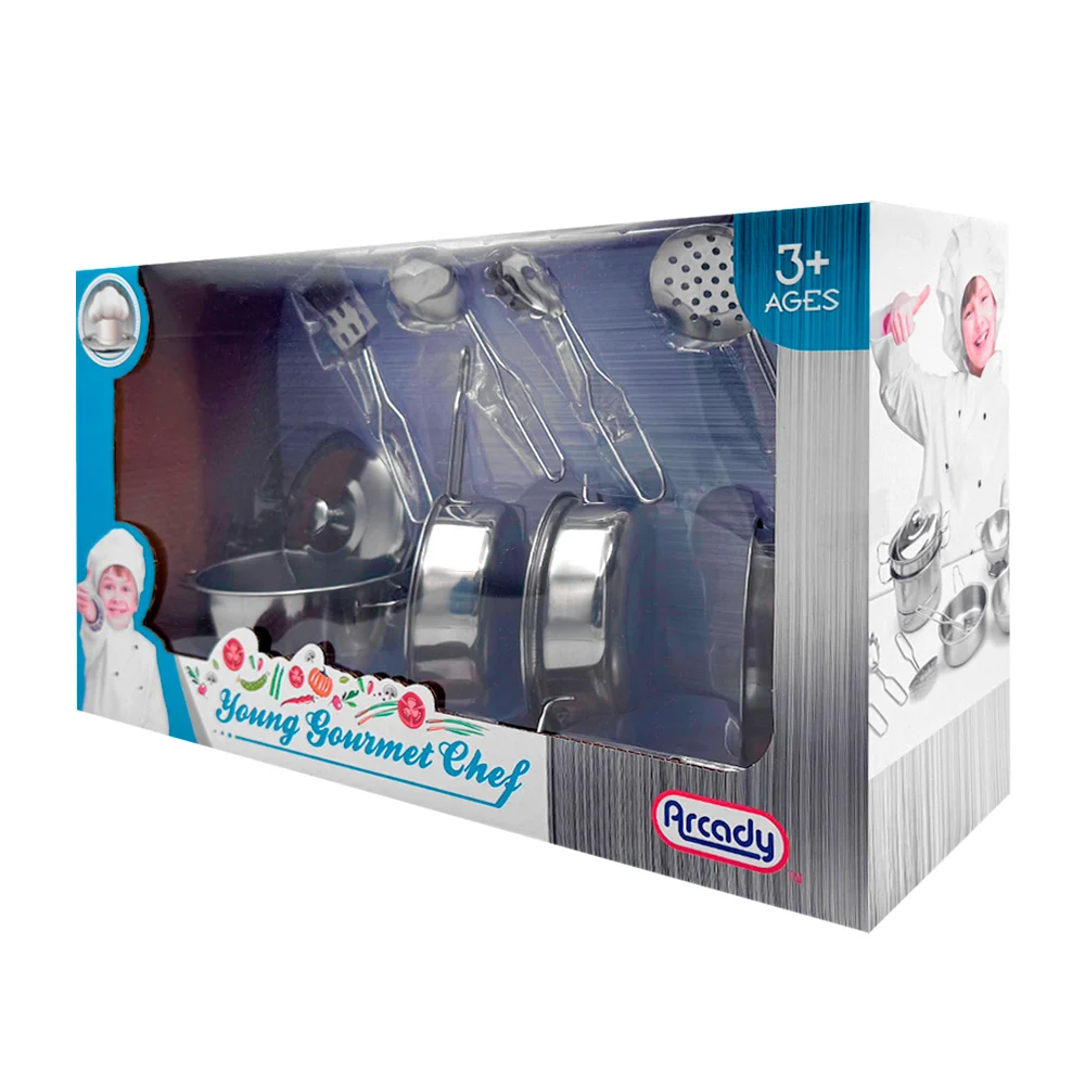 Set de cuatro mini ollas y cinco utensilios de cocina infantiles metá…