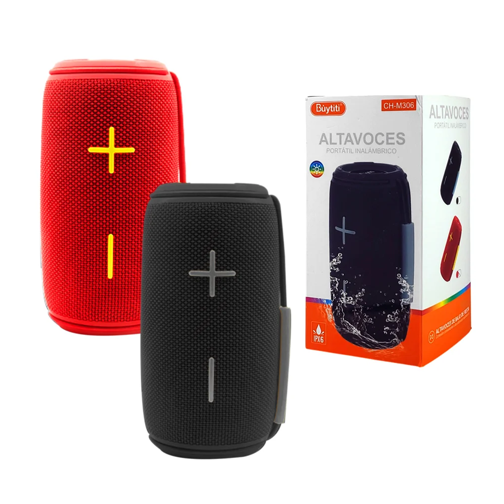Bocina cilíndrica, con botones laterales, asa, luz led y puertos cone…