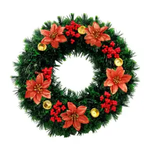 1pza Corona decorativa navideña de 38cm con noche buenas, campanas y …