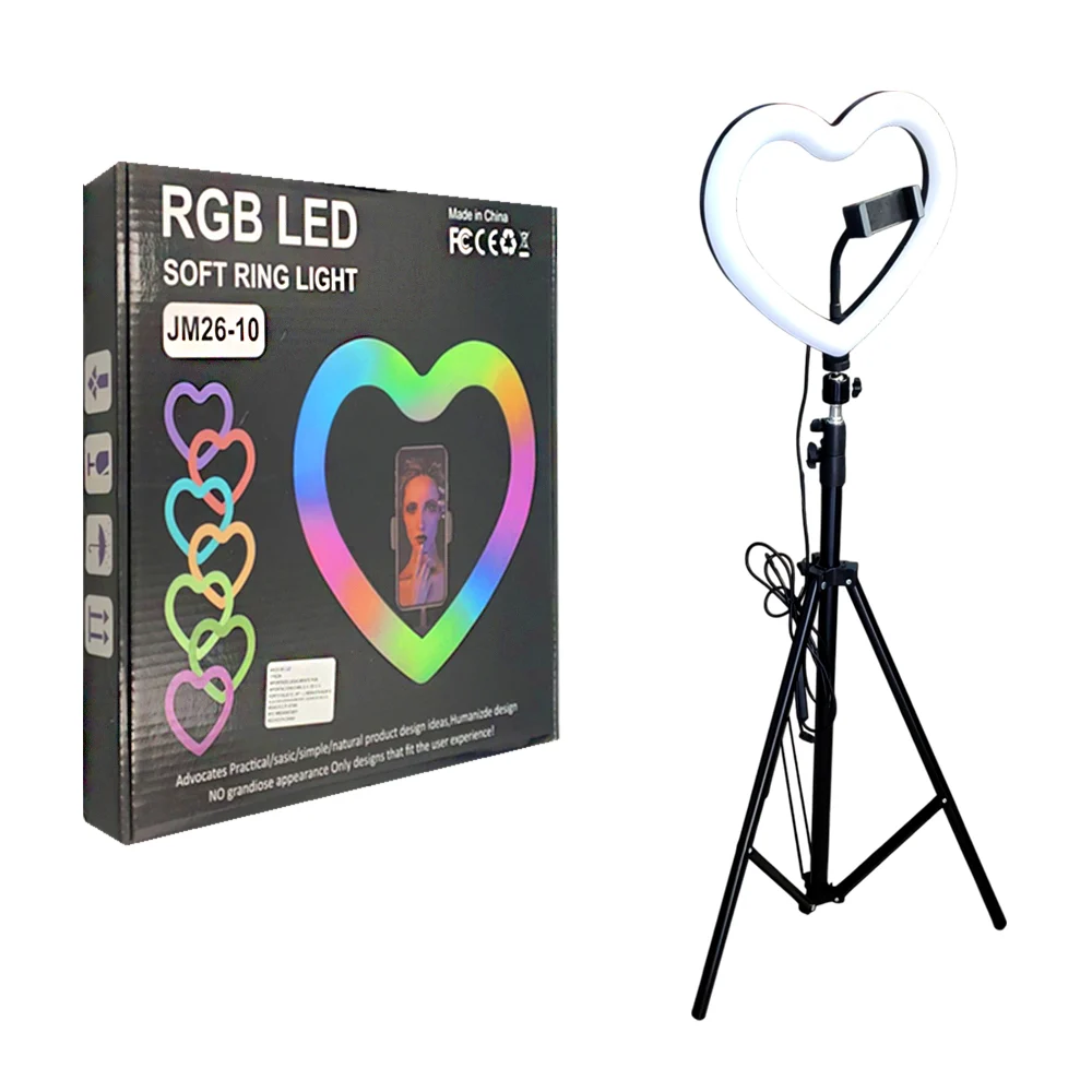 Aro de iluminación rgb de 10 pulgadas en forma de corazón con tripie