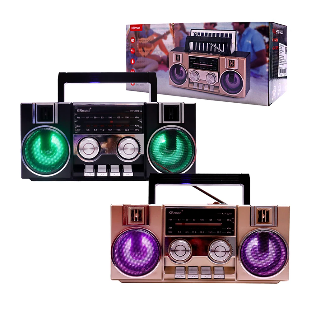 Bocina estilo radio con iluminación, perillas, botones, panel solar y…