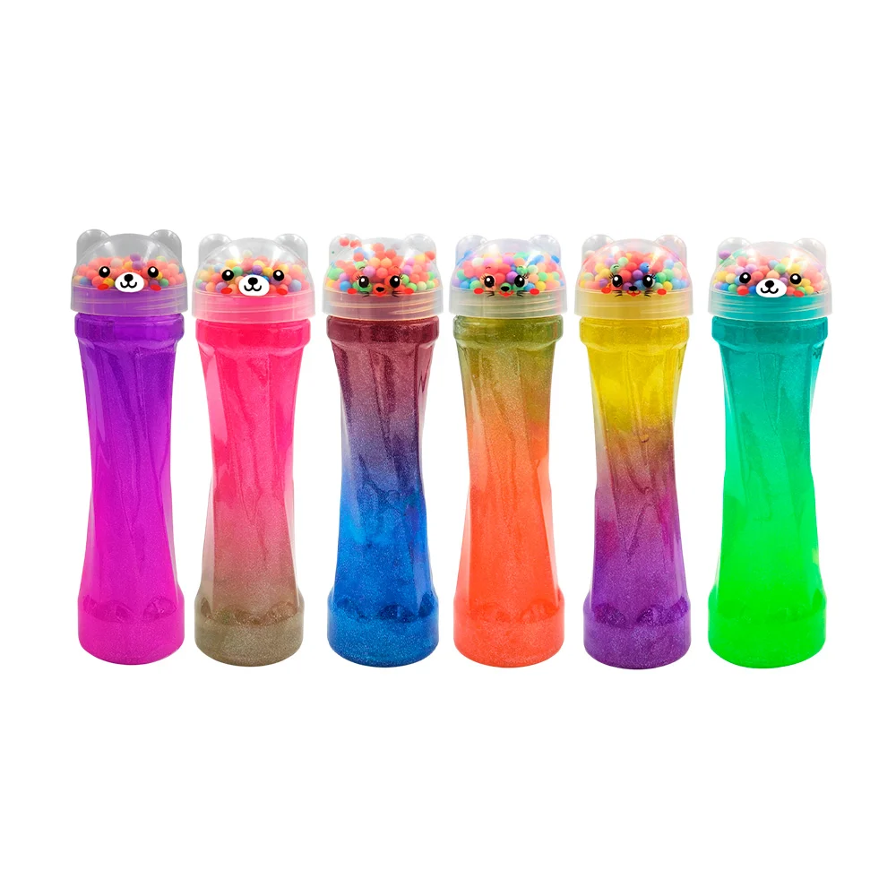 Slime multicolor con tapa diseño de oso + bolitas de unicel, variedad…