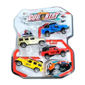 Blíster con 4 carritos camionetas de fricción, varios colores / cross…