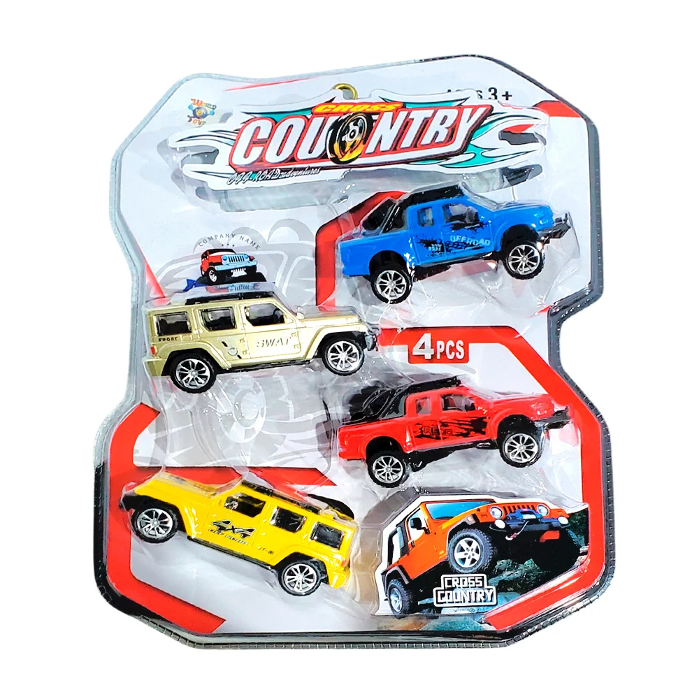 Blíster con 4 carritos camionetas de fricción, varios colores / cross…