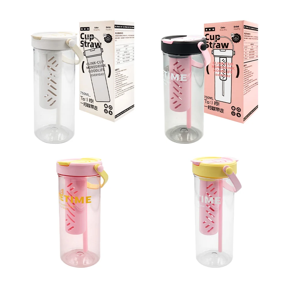 Botella transparente de 750ml con infusor, asa y popote, variedad de …