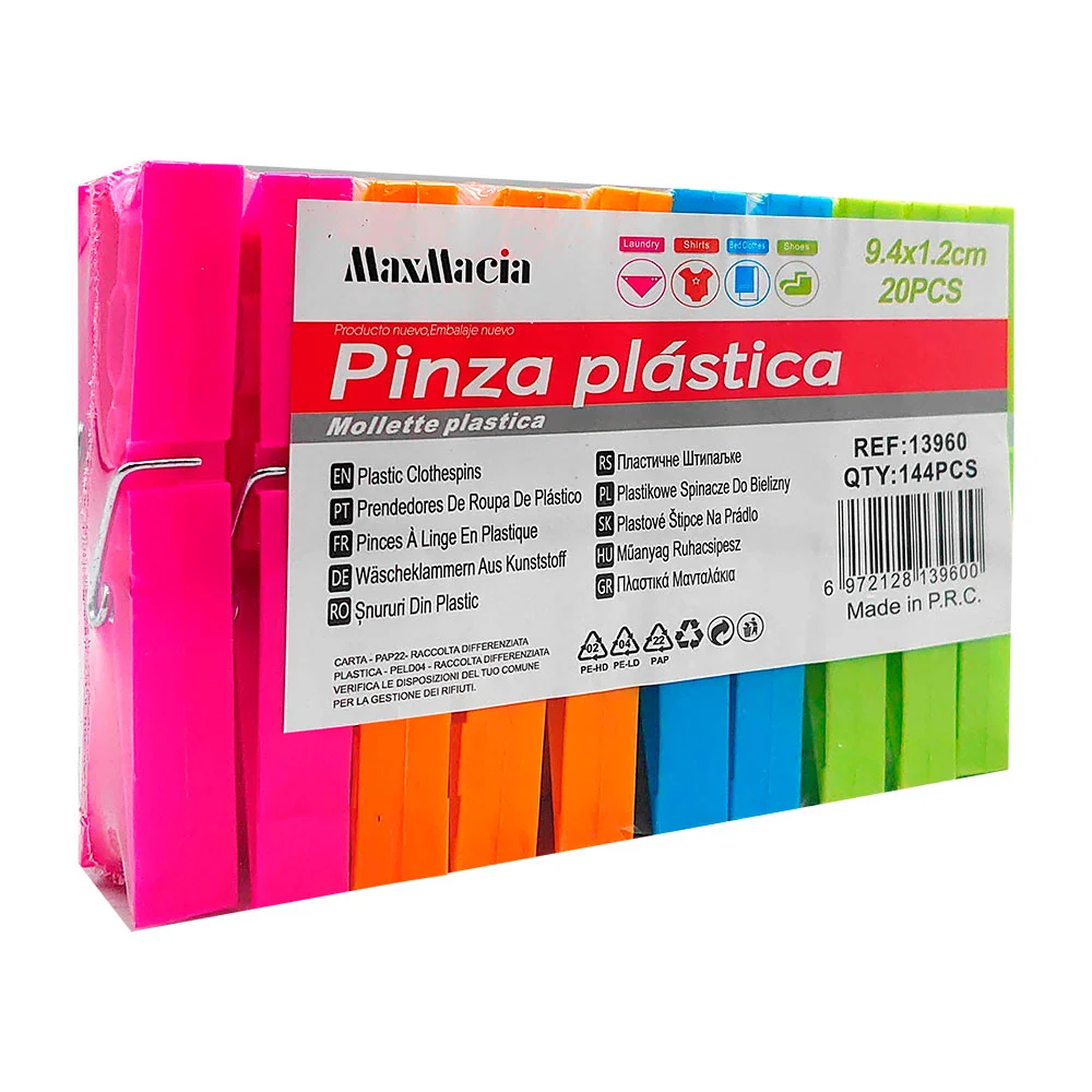 Paquete con 20 pinzas de plástico para colgar ropa, 9.4 x 1.2cm, vari…