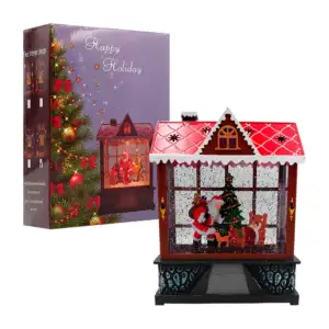 Adorno decorativo en forma de casa con figura de santa claus, pino y …
