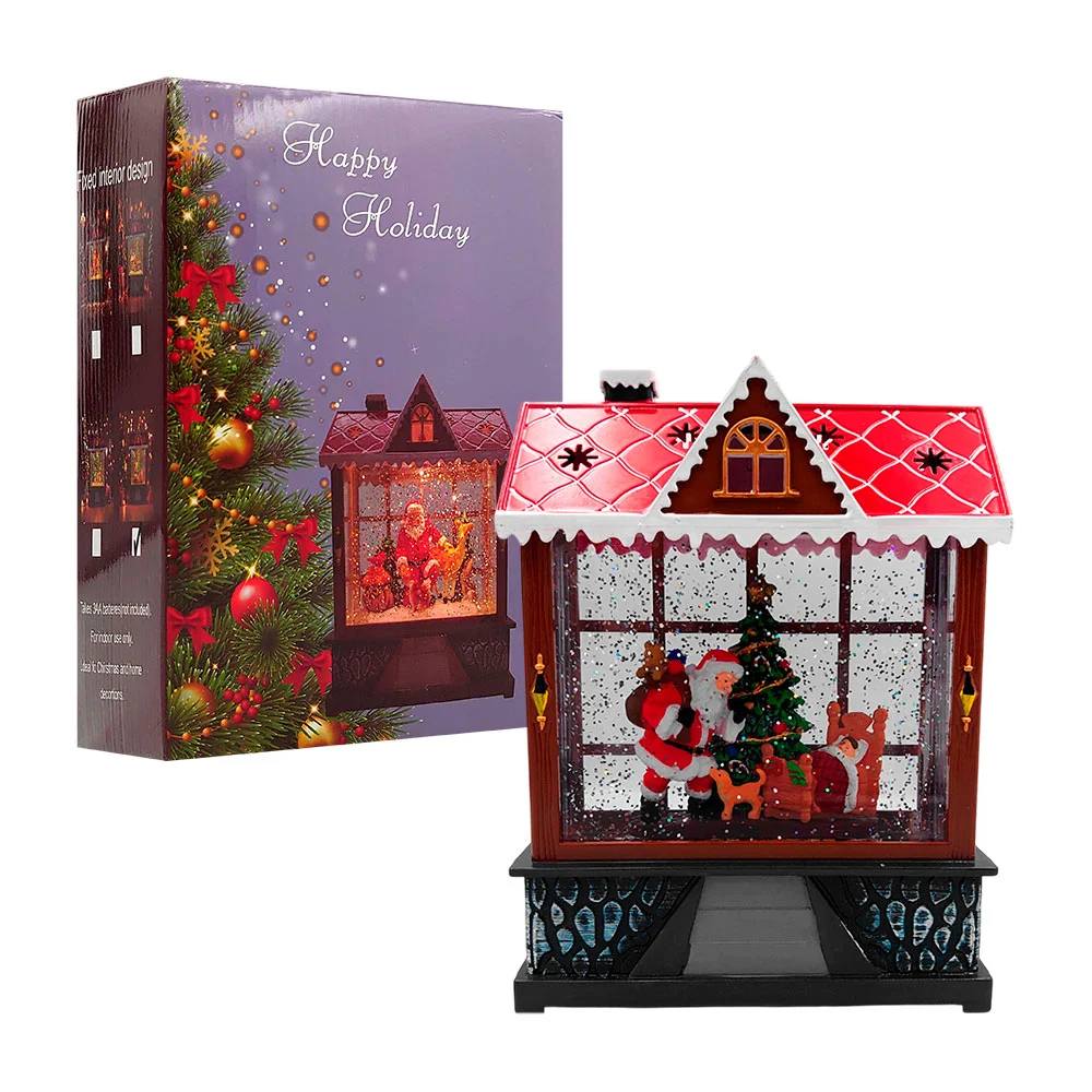Adorno decorativo en forma de casa con figura de santa claus, pino y …