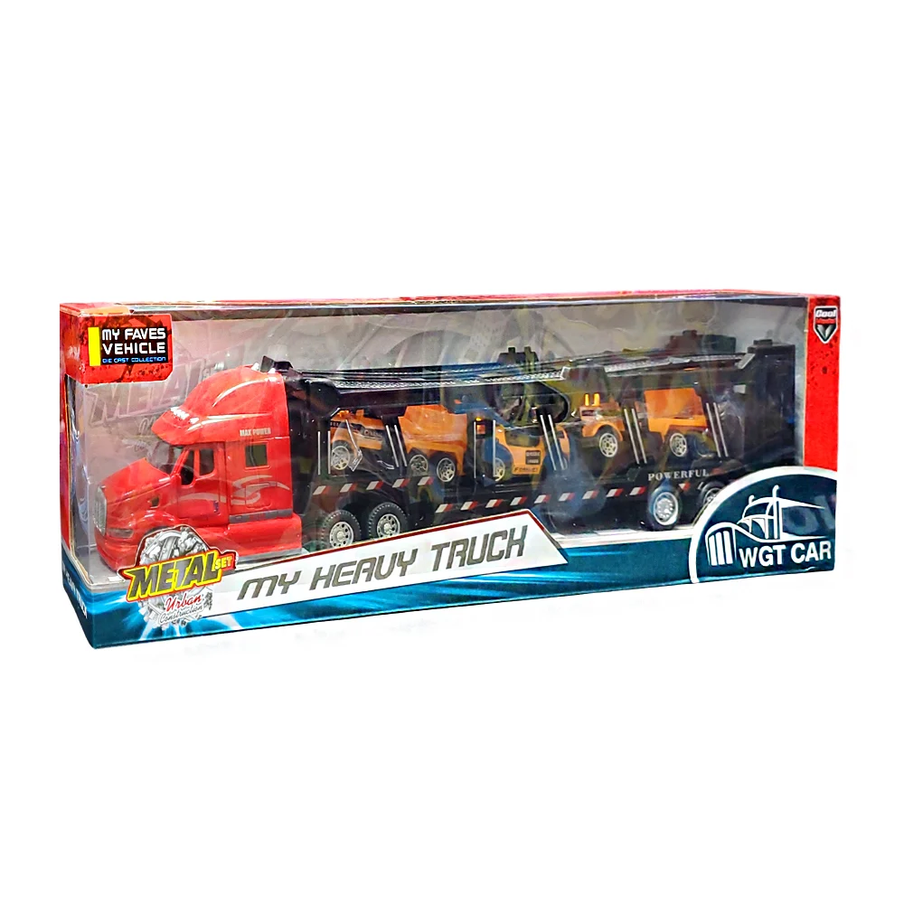 Tráiler de juguete chico transportador con 3 vehículos / my heavy tru…