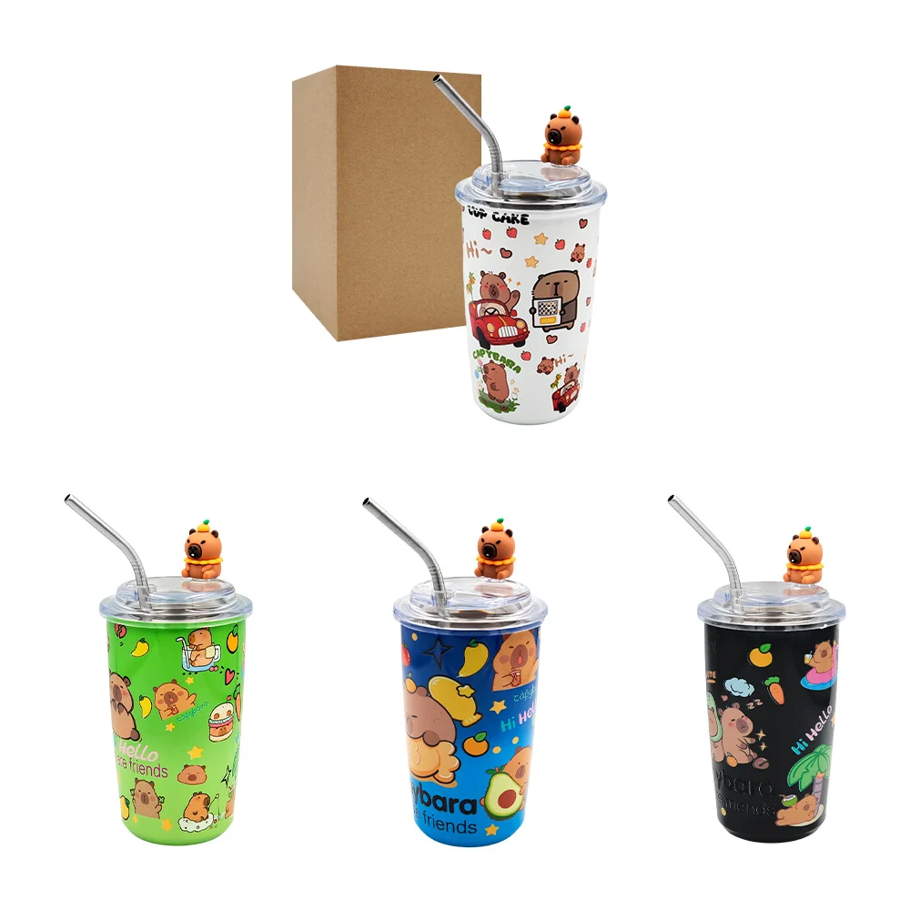 Termo metálico con estampado de capibara + figura decorativa y popote…