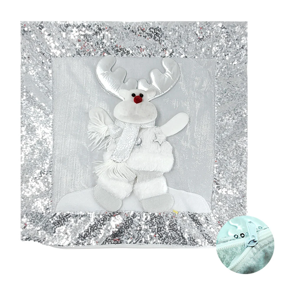 Funda para cojín con reno estampado afelpado color blanco y lentejuel…