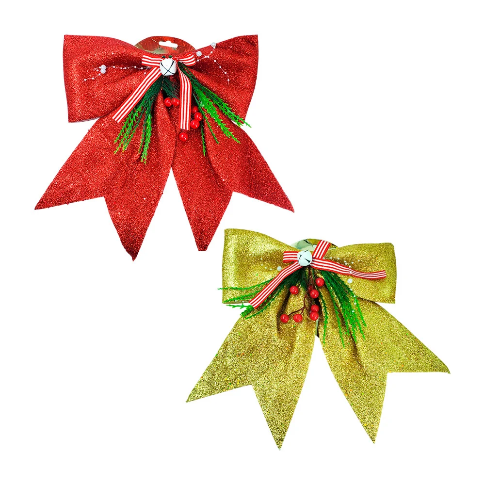 Adorno colgante navideño en forma de moño grande con cascabel y glitt…