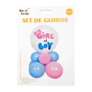 Set para fiesta de revelación, con globos azules, rosas y estampado /…