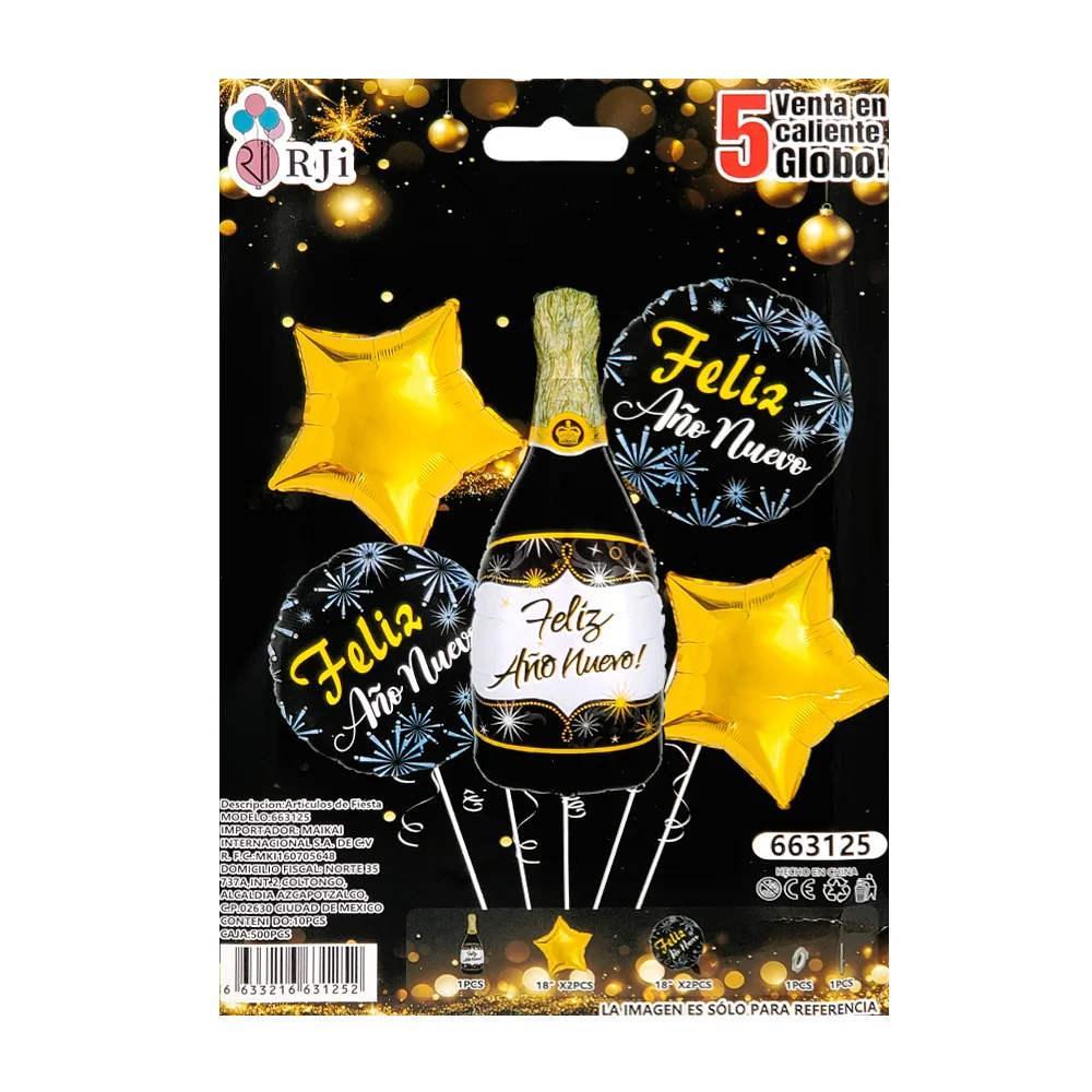 Set decorativo feliz año nuevo con 5pz botella, estrellas y redondos,…