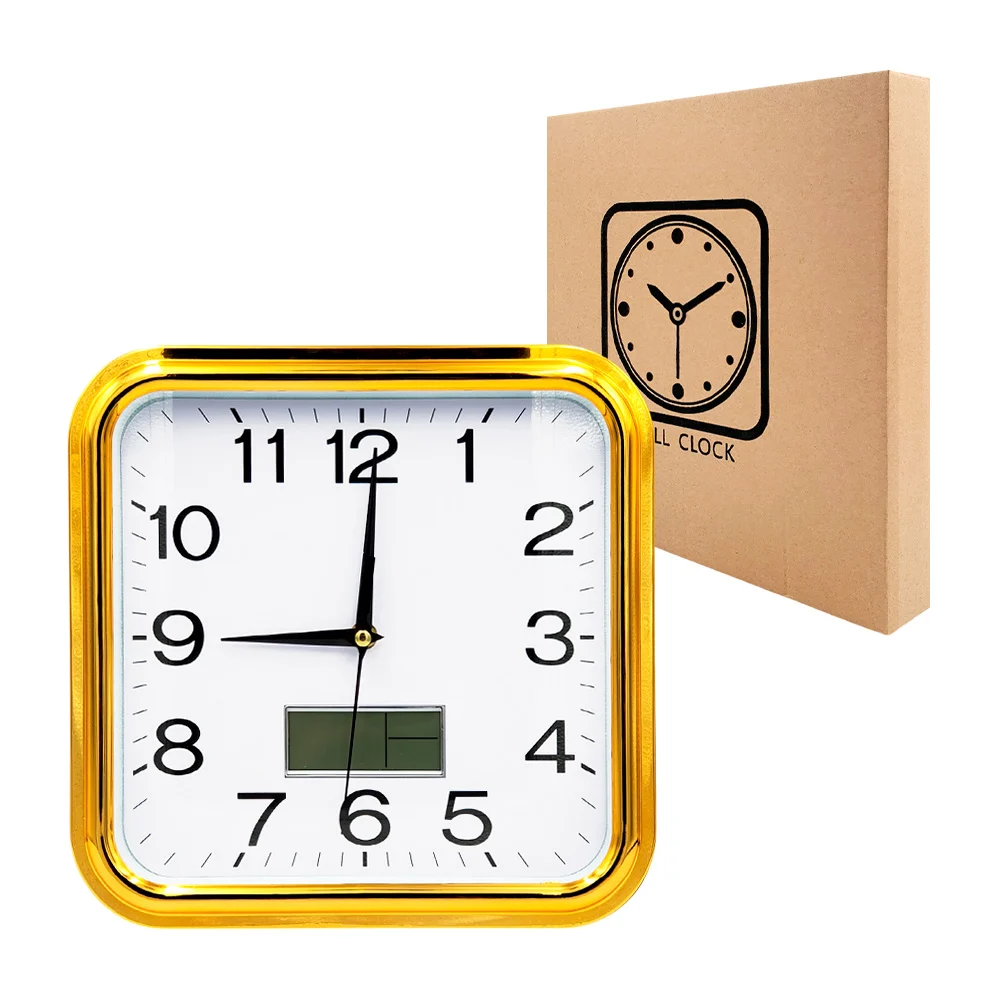 Reloj de pared cuadrado con número grandes, marco metálico + pantalla digital