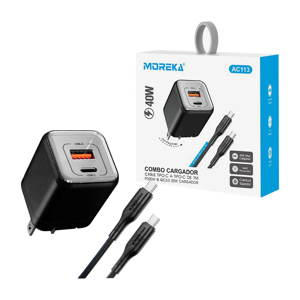 Combo cargador, carga rápida 40w, cable tipo c a c y cubo con doble p…