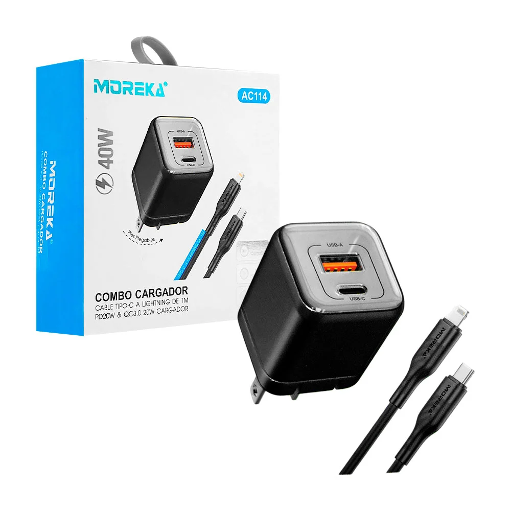 Combo cargador, carga rápida 40w, cable tipo c- lightning, cubo con d…