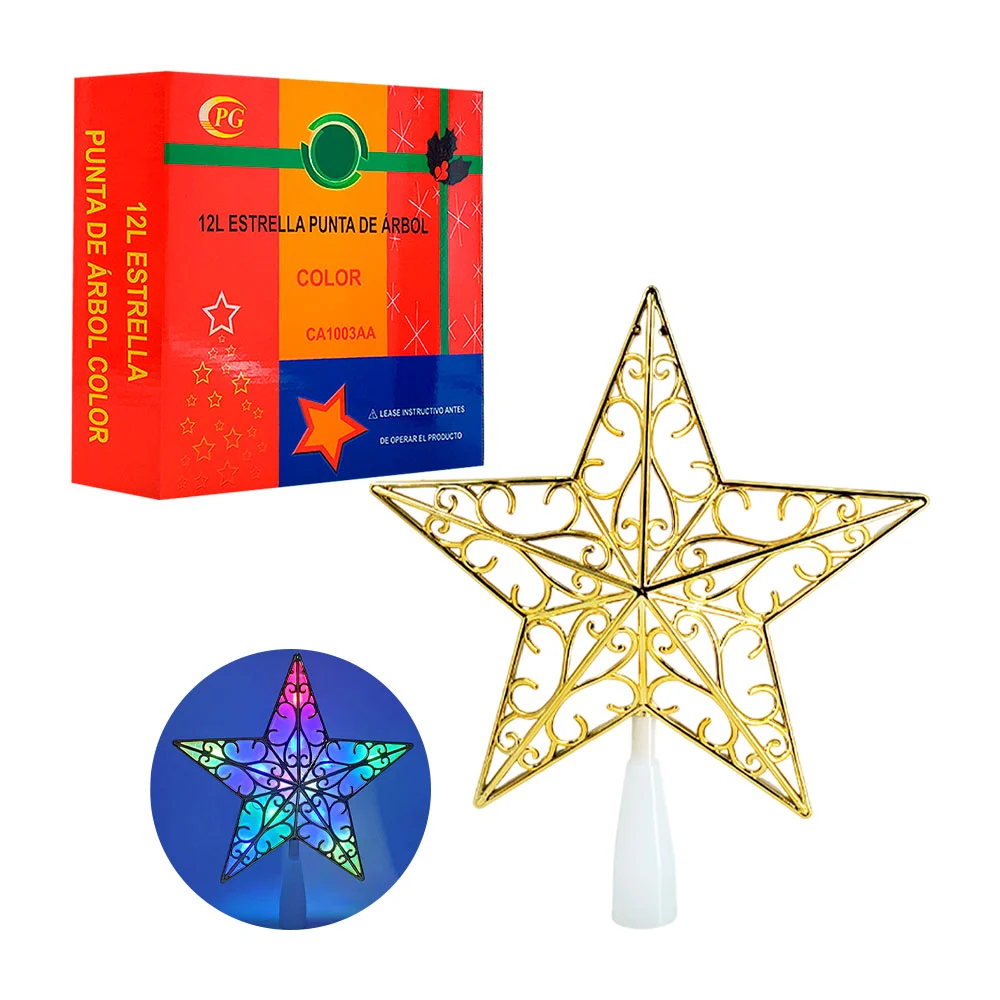 Estrella decorativa para punta de árbol con cubierta dorada y luces d…