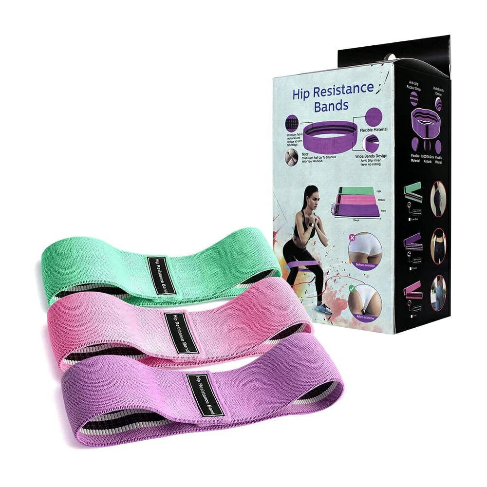 Caja 3 ligas / bandas de resistencia de tela, variedad de colores dep…