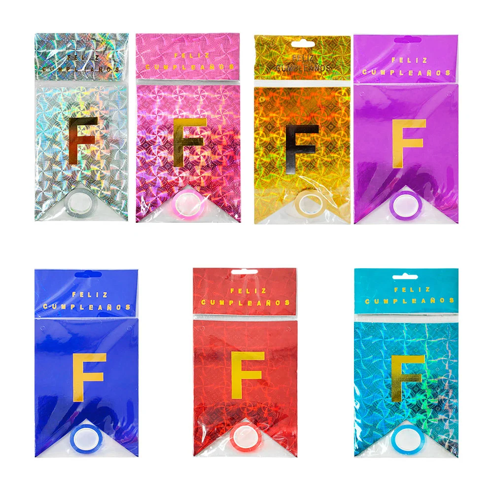 Banner tipo banderín feliz cumpleaños con diseño holográfico tipo flo…