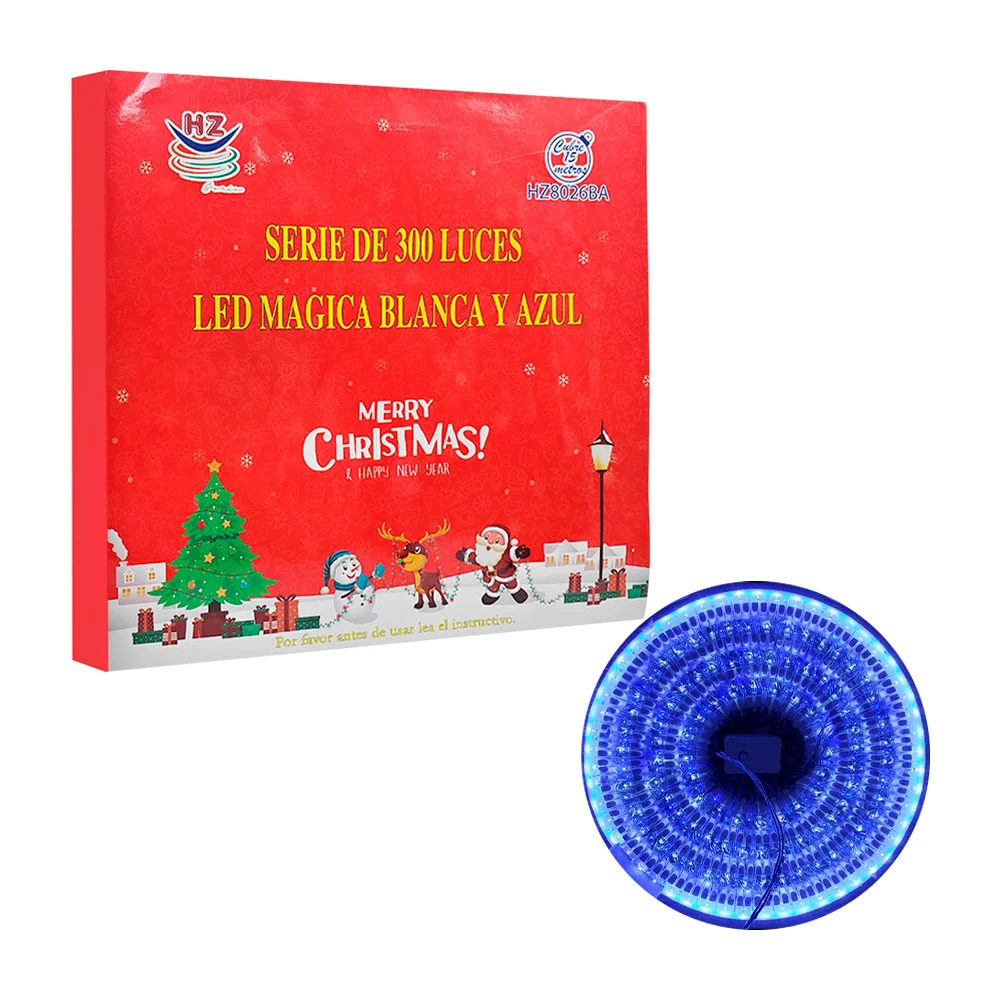 Serie decorativa, 300 luces led en tono blanco con azul y cable trans…