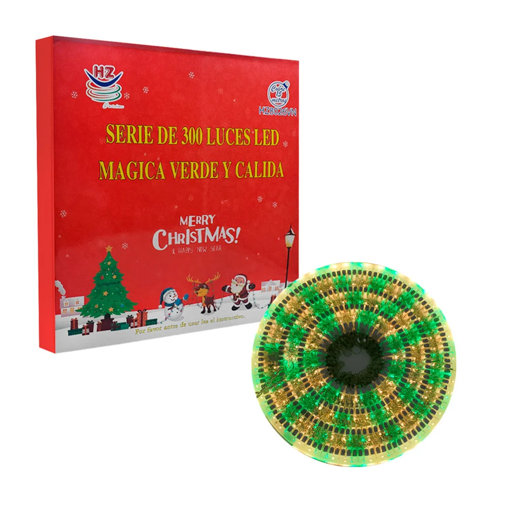 Serie decorativa, 300 luces led, tono verde con cálida, cable transpa…
