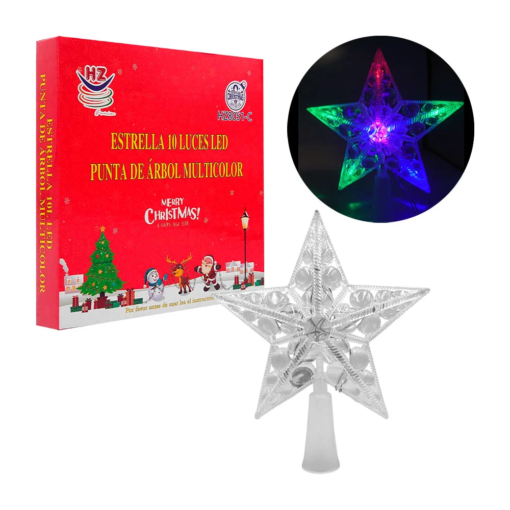 Estrella chica para punta del árbol, transparente con 10 luces multic…