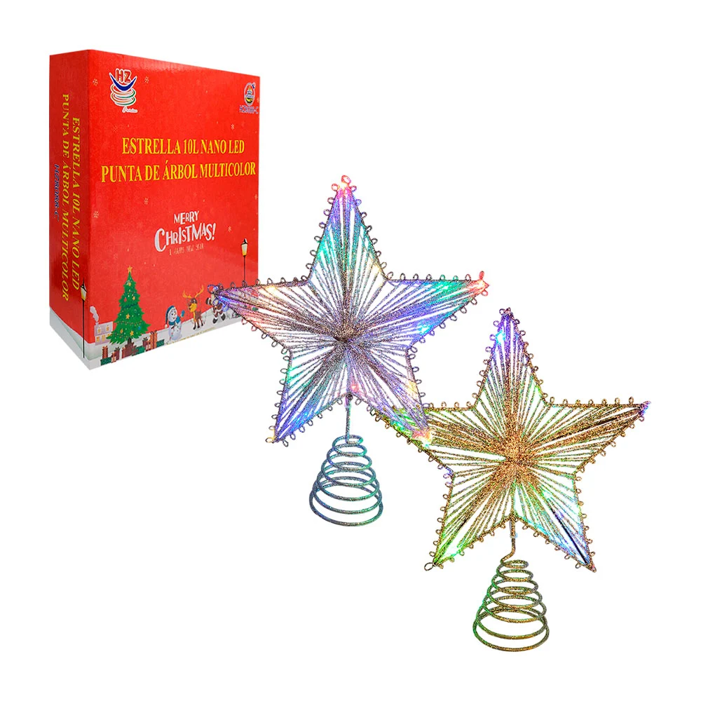 Estrella plateada navideña, punta del árbol con luces multicolores / …