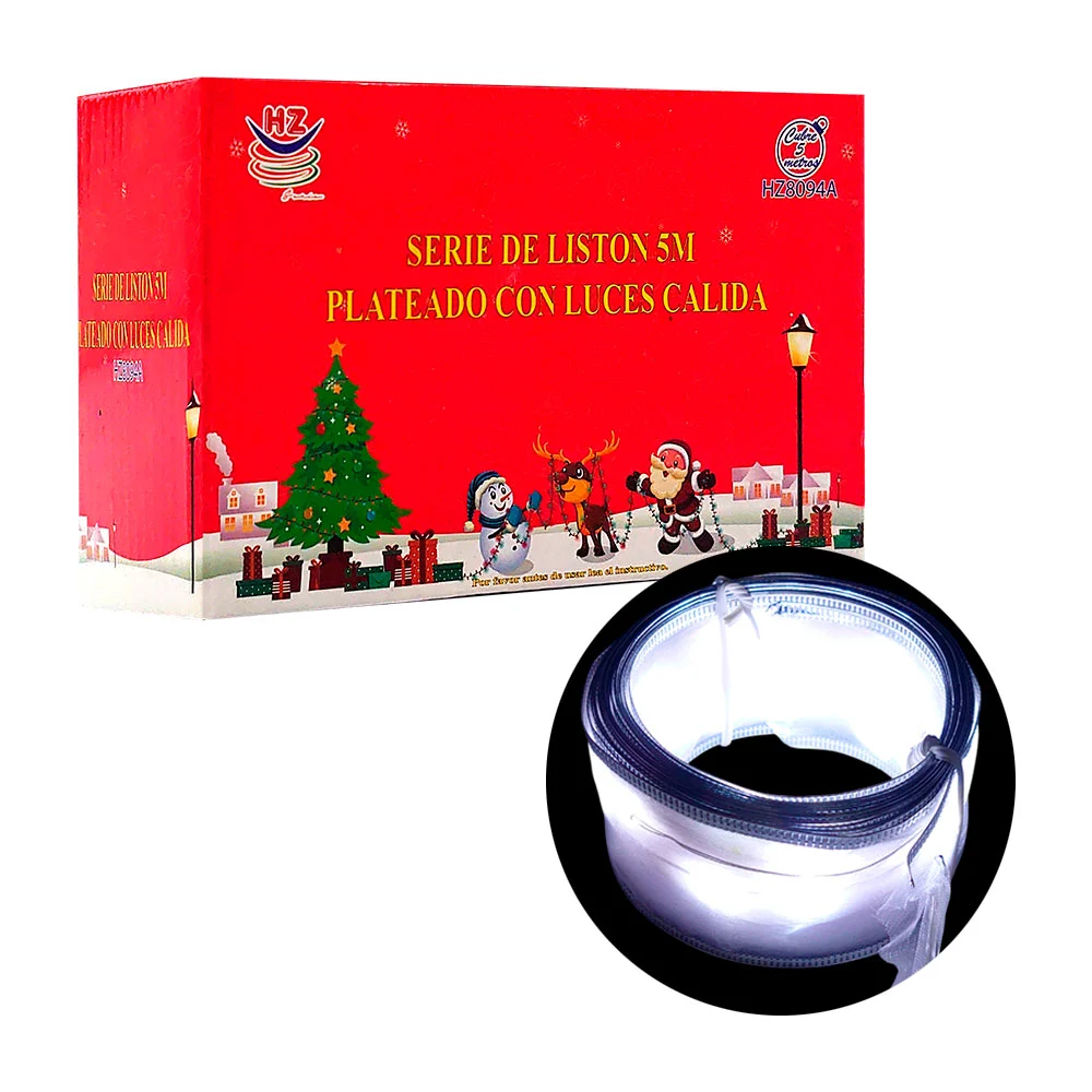 Serie decorativa tipo listón, 5mts plateado con luz cálida / hz8094a