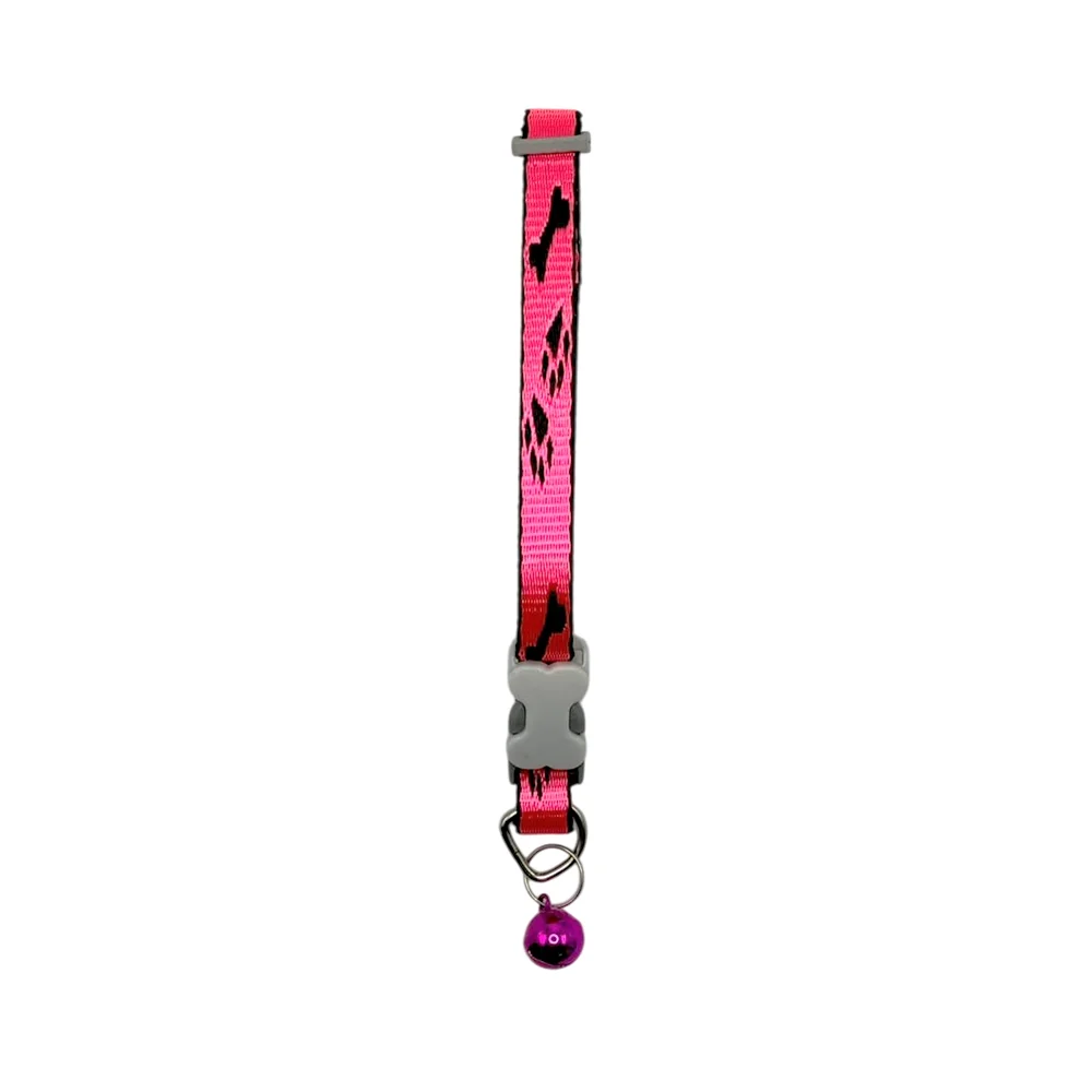 1pza Collar para mascota pequeño con cascabel y bordado de huellas y huesos
