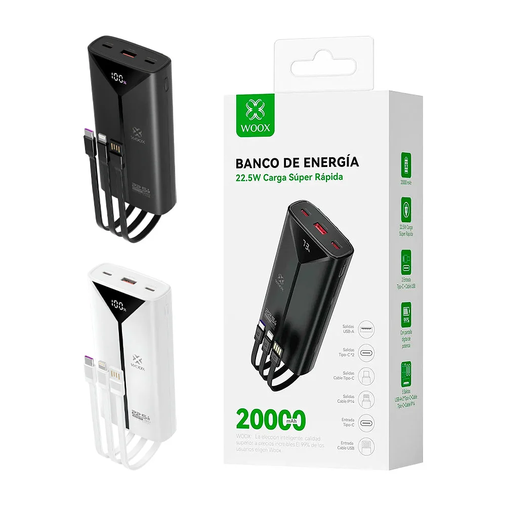 Powerbank de 20000mah con indicador led, entrada y cable tipo c, usb …