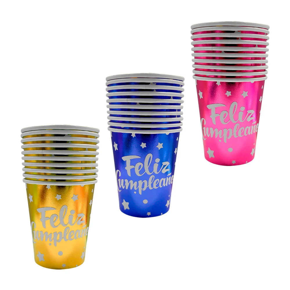 Paquete de diez vasos de fiesta con estampado de letrero y color metá…