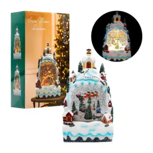 Villa navideña, decorativa musical con luz, paisaje nevado, figura en…