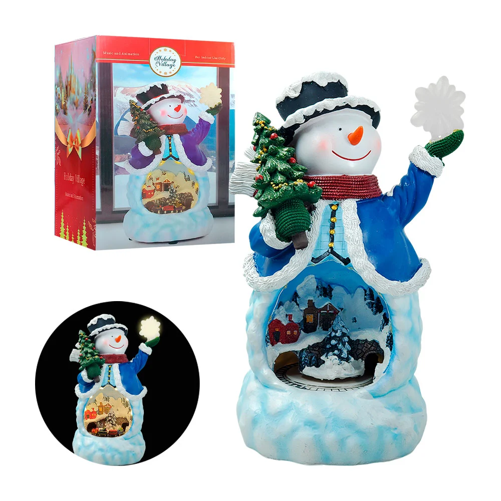 Muñeco de nieve decorativo con tren, pinos, musical con luz y movimie…