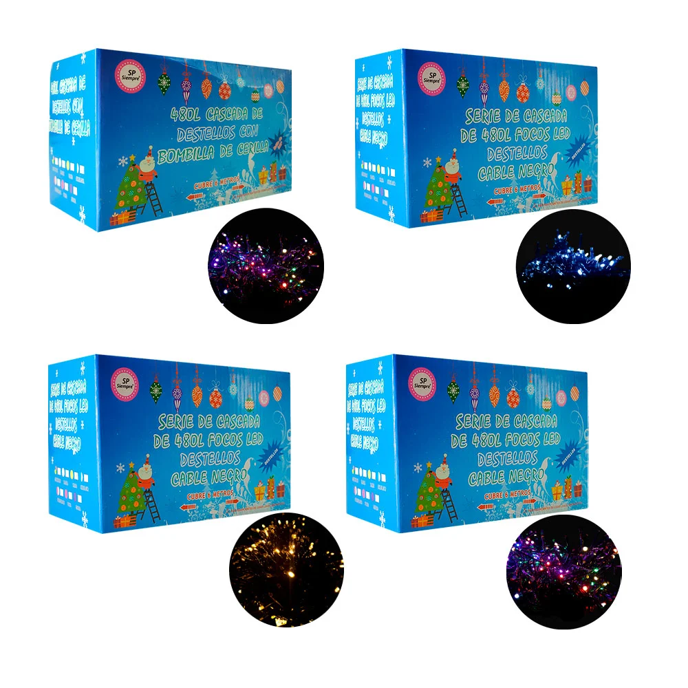 Serie decorativa de cascada, 480 luces en destello, cable negro, colo…