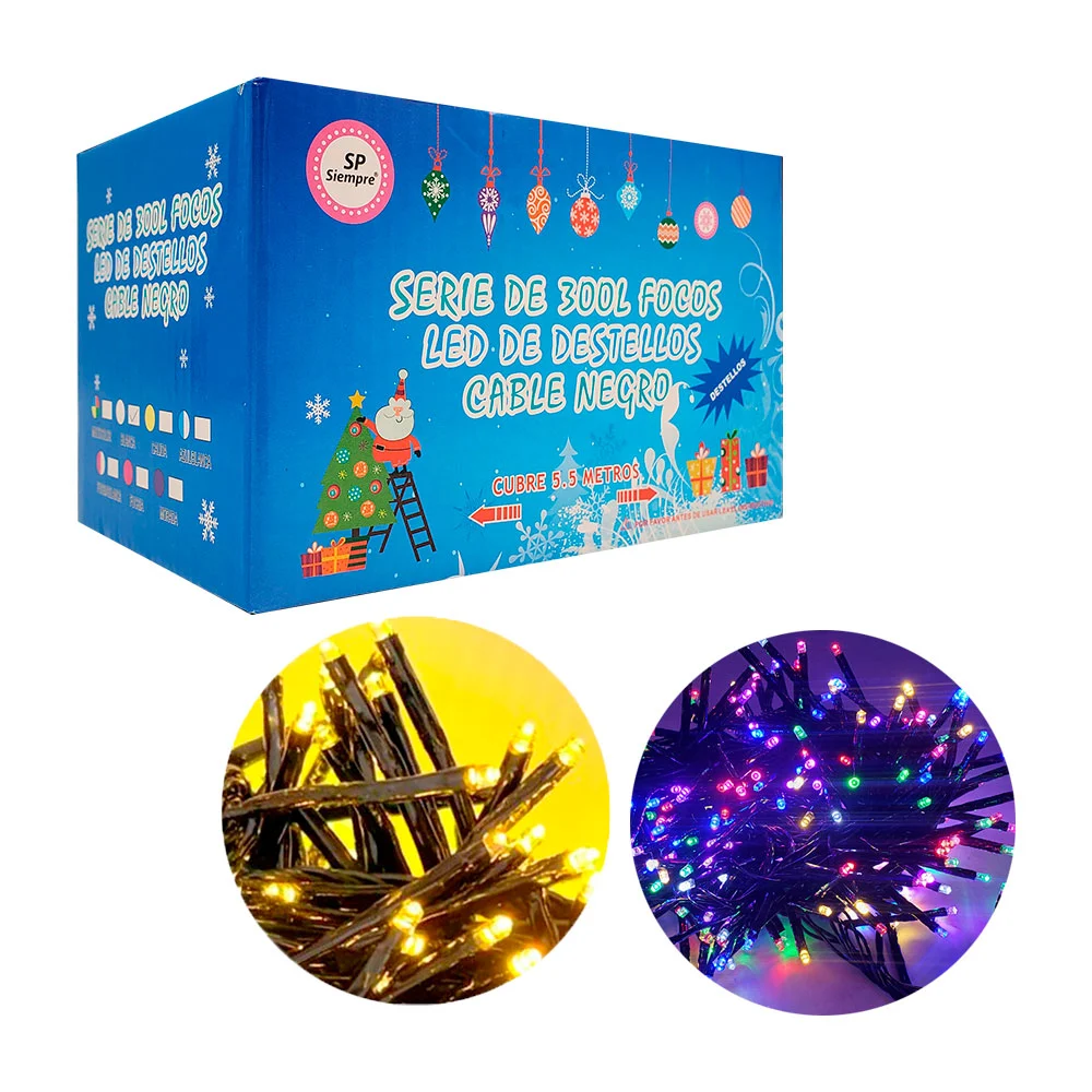 Serie decorativa, 300leds tipo destellos, cable negro, variedad de co…