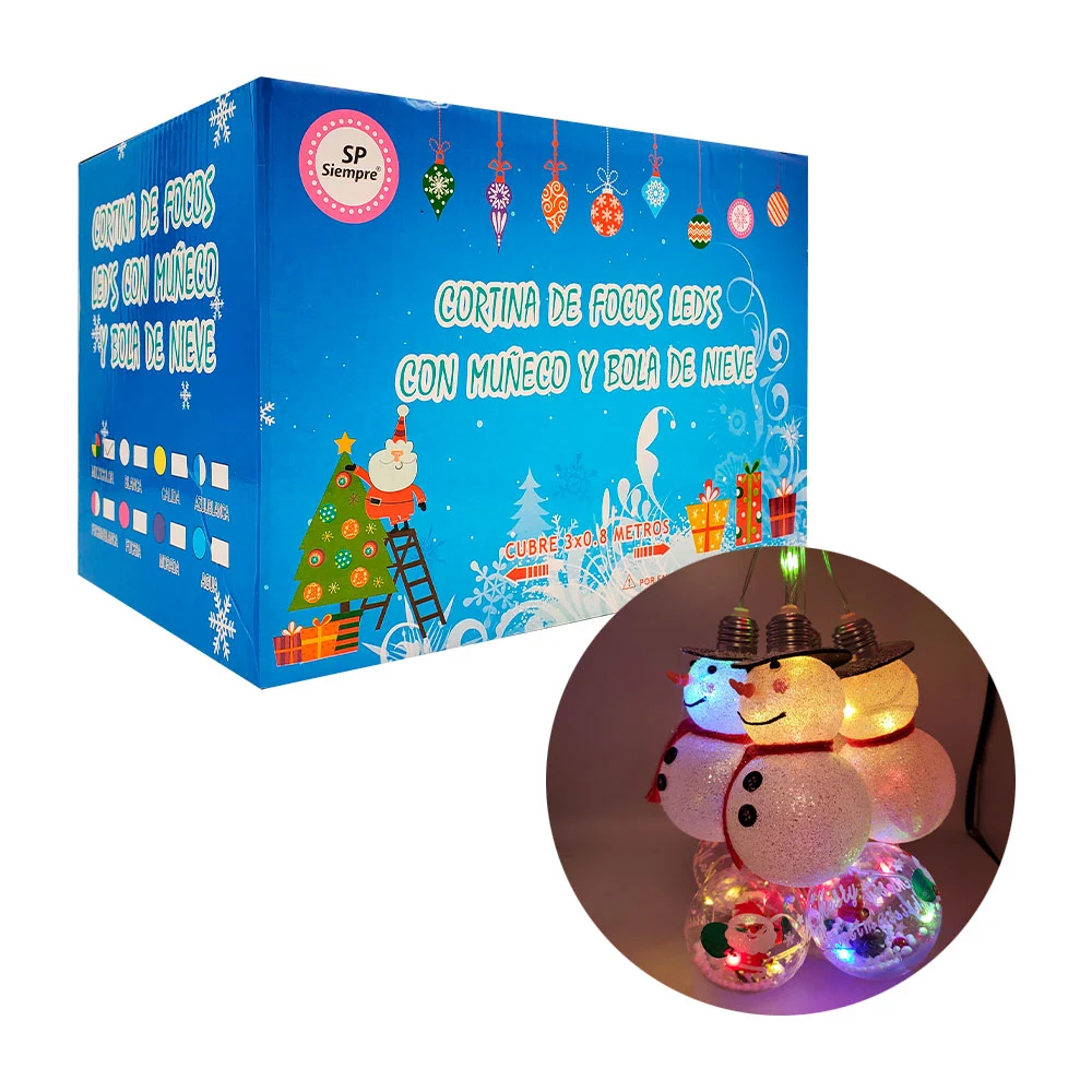 Serie decorativa tipo cortina de focos con muñecos de nieve, esferas …
