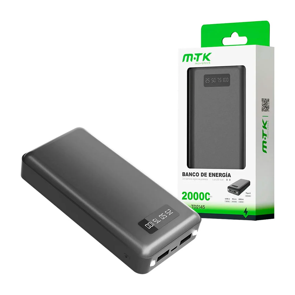 1pza Power bank de 20,000 mah con indicador led, lámpara, entrada usb…