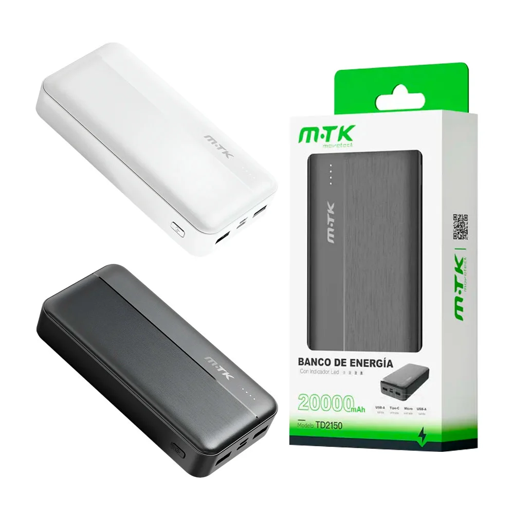 1pza Powerbank recargable de 20,000mah con indicador de led y puertos…