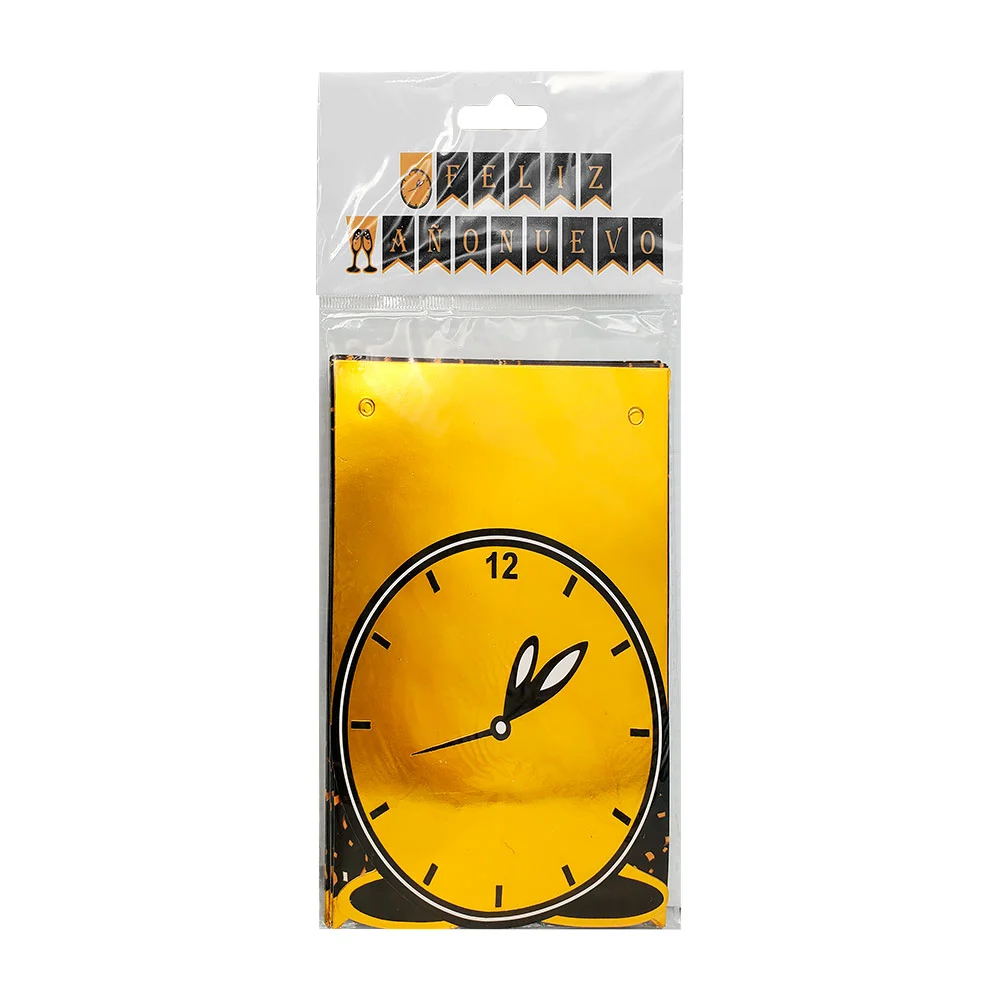 Banderín-banner decorativo, feliz año nuevo, copas y reloj en tonos d…